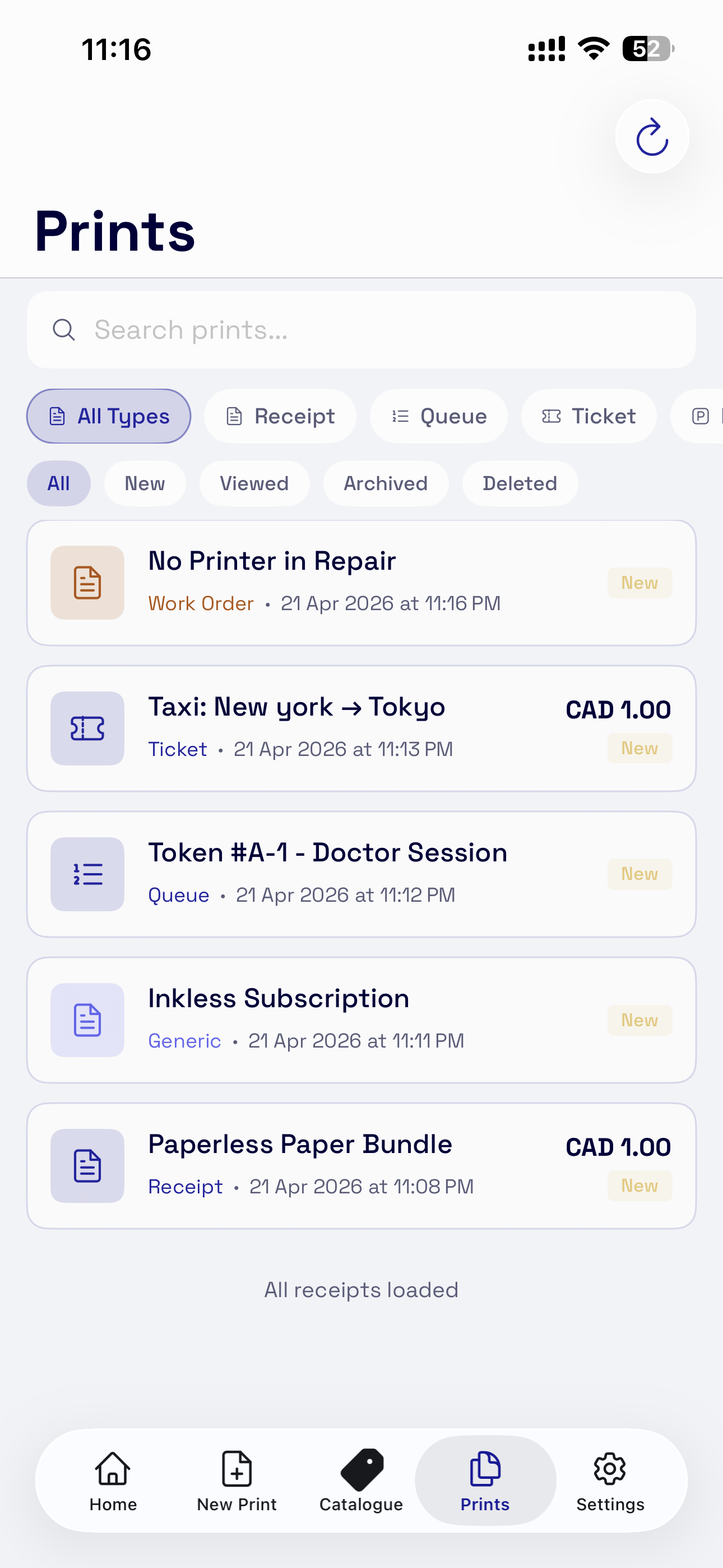 Printless vendor — prints history across queue, parking and events